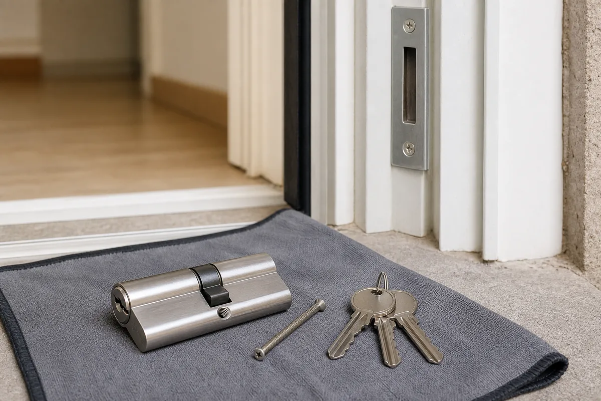 Cylindre européen démonté posé sur une housse de protection devant une porte d’appartement