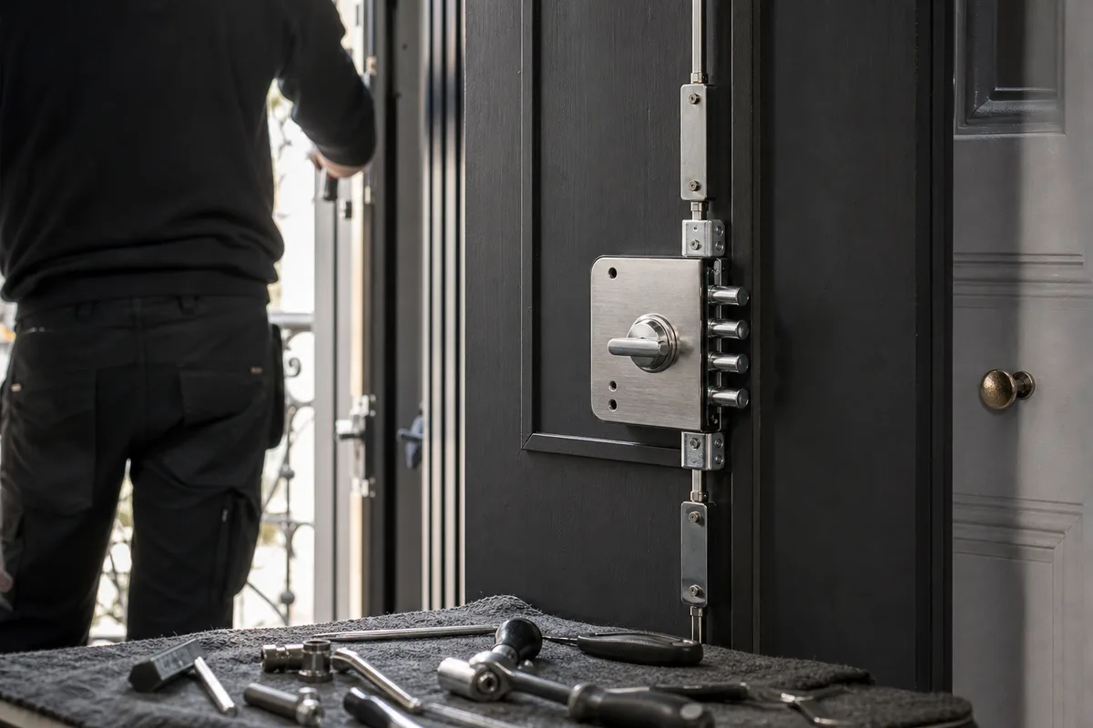 Serrure multipoints en applique fraîchement posée sur une porte, outillage de serrurier à proximité