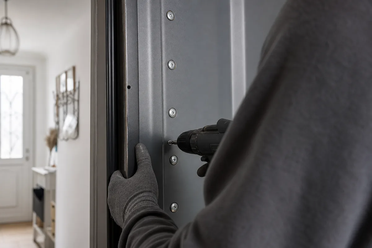 Plaque de blindage en acier fixée sur la face intérieure d’une porte palière