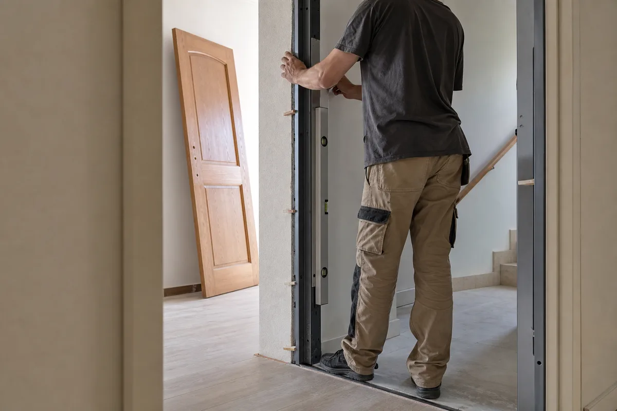 Bloc-porte blindé neuf en cours de pose dans l’entrée d’un appartement
