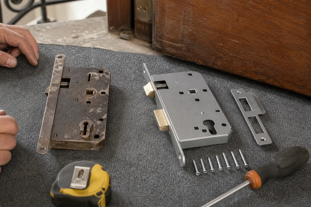 Serrure en applique trois points démontée sur une porte d&rsquo;entrée en bois