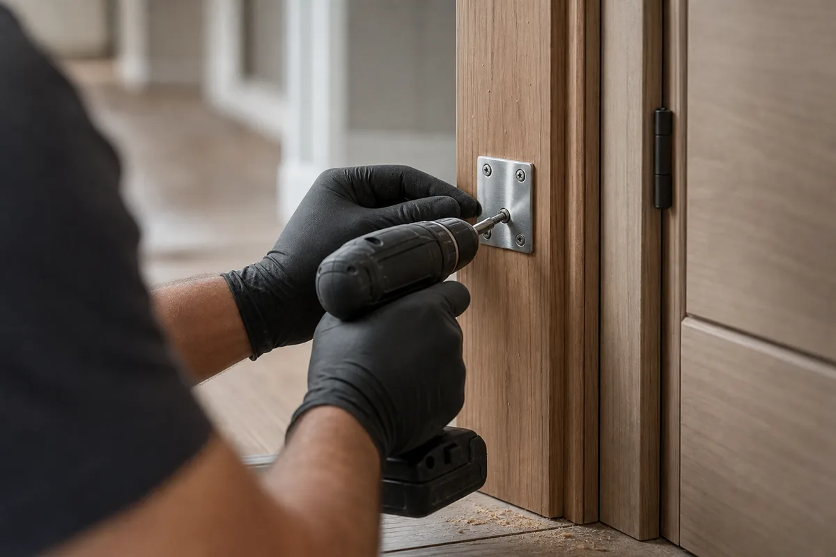Mains gantées vissant une gâche de sécurité neuve sur le dormant d&rsquo;une porte