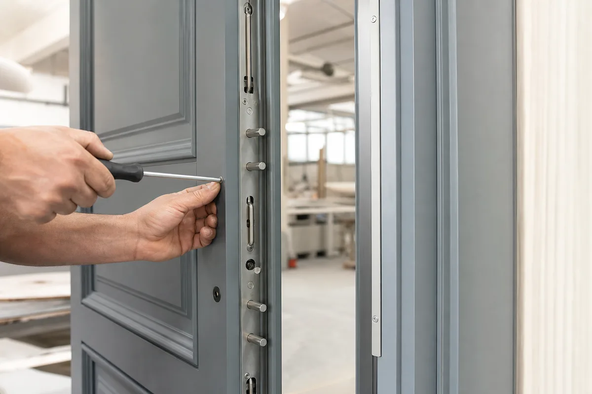 Pose d’une serrure multipoints certifiée sur une porte d’entrée sécurisée