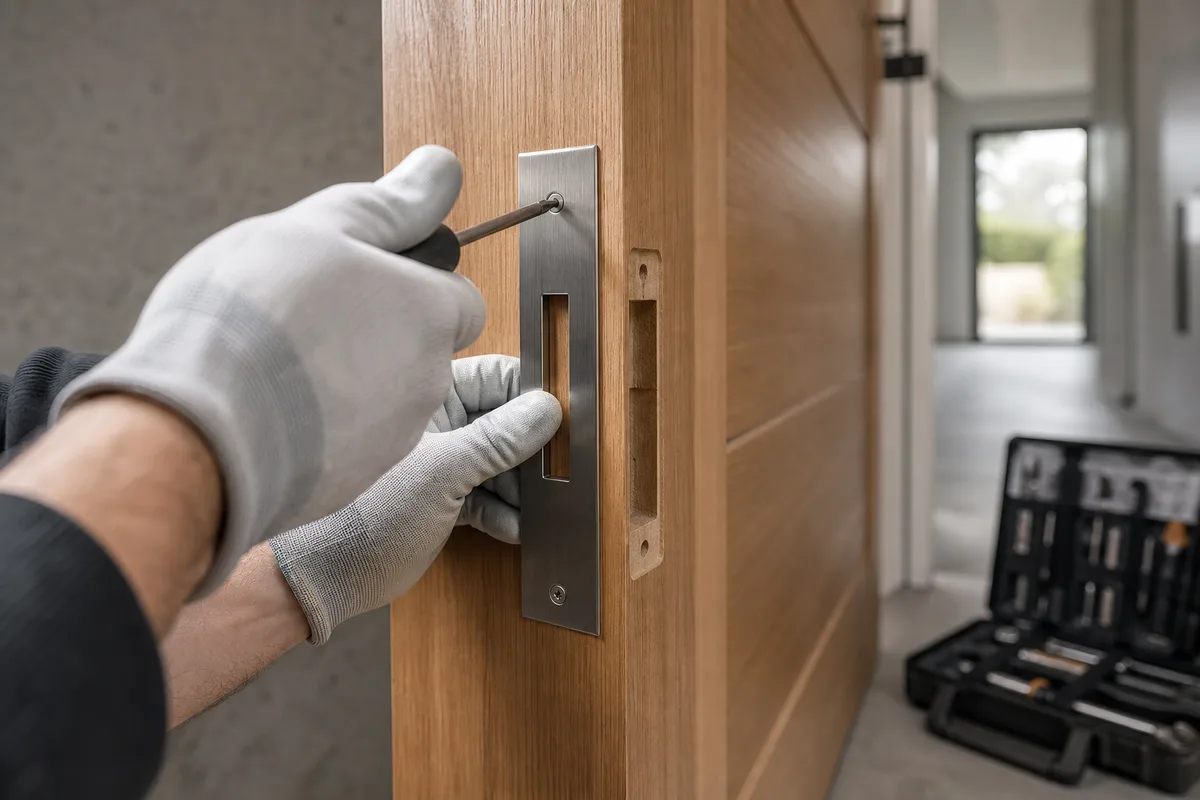 Serrurier manipulant un outil d&rsquo;ouverture sur une porte d&rsquo;appartement
