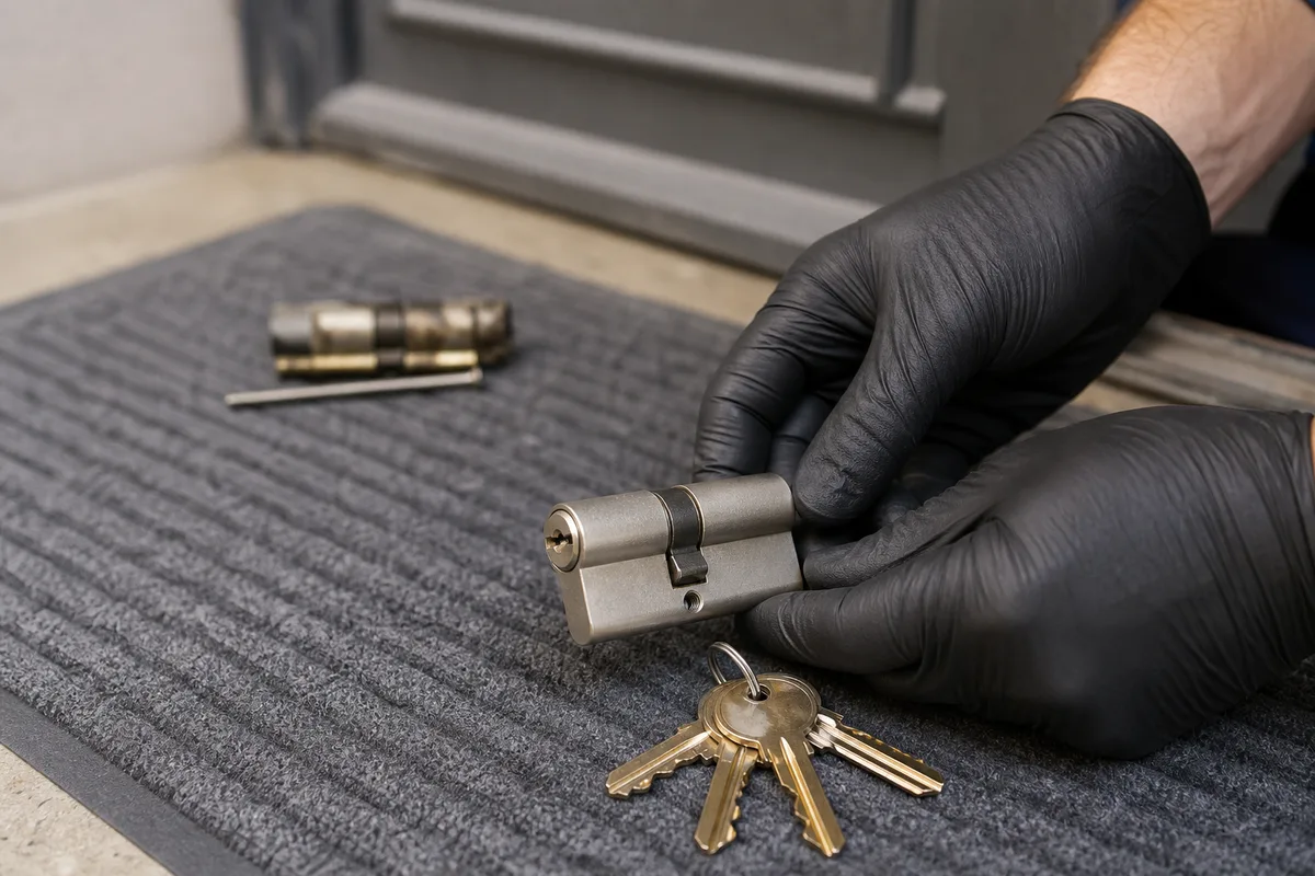 Mains gantées reposant un cylindre neuf et son trousseau près d&rsquo;une porte de palier