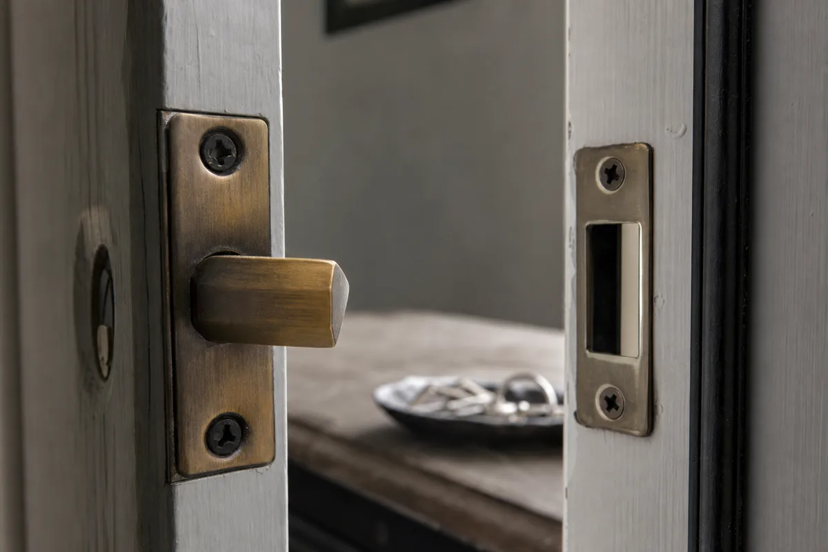 Porte d&rsquo;appartement claquée sur un palier, poignée et gâche vues de près