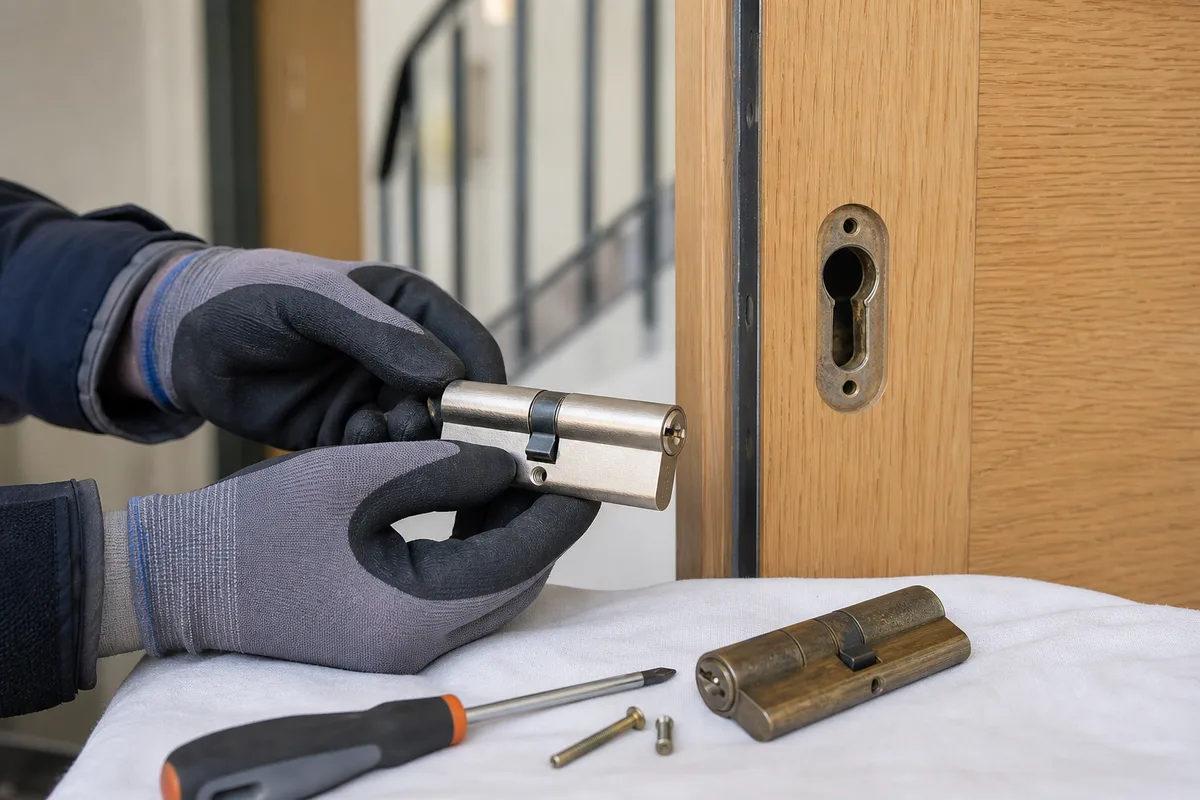 Mains gantées d&rsquo;un serrurier posant un cylindre neuf sur une porte d&rsquo;appartement