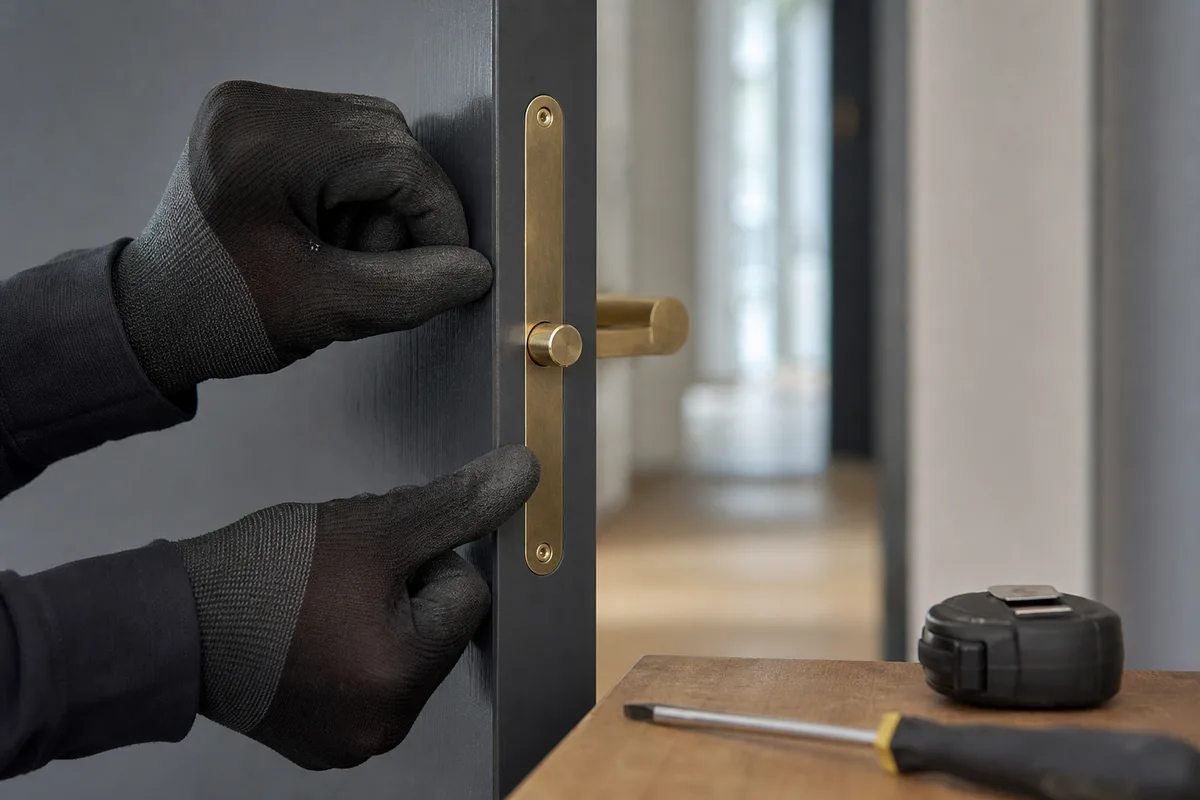 Mains gantées d’un artisan vérifiant l’alignement d’un cylindre neuf et de son outillage sur un seuil