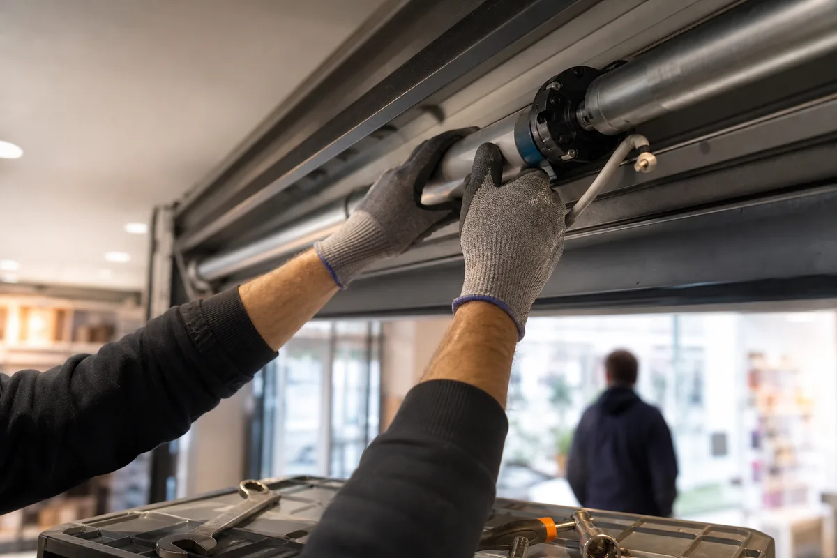 Mains gantées d’un artisan réglant l’axe d’enroulement d’un rideau métallique dans son coffre, outillage posé au sol, lumière neutre de local commercial