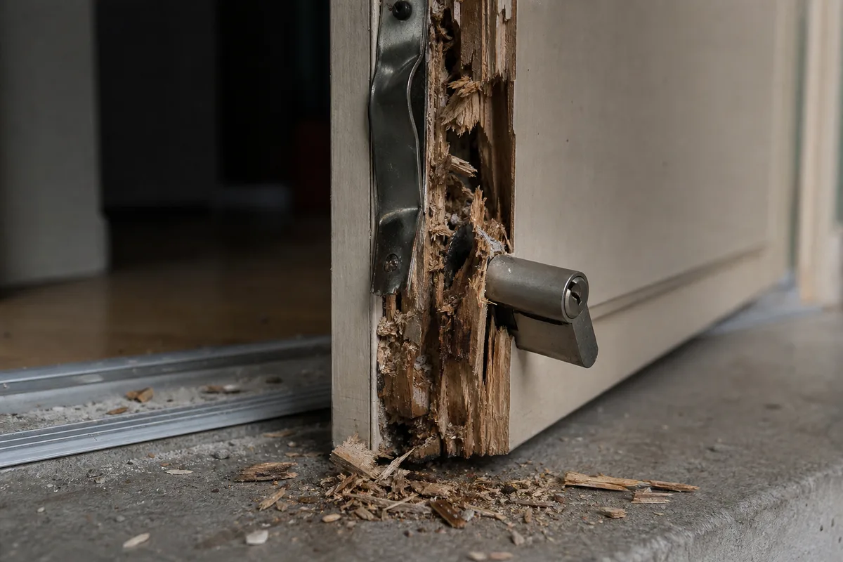 Porte d&rsquo;appartement forcée, bâti éclaté et gâche arrachée vus de près sur un palier