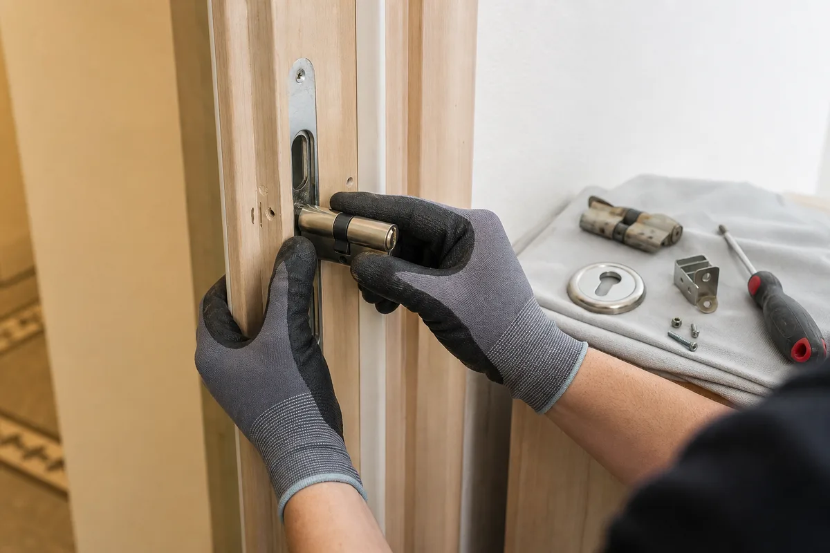 Mains gantées posant un cylindre certifié sur une porte d&rsquo;appartement remise en état
