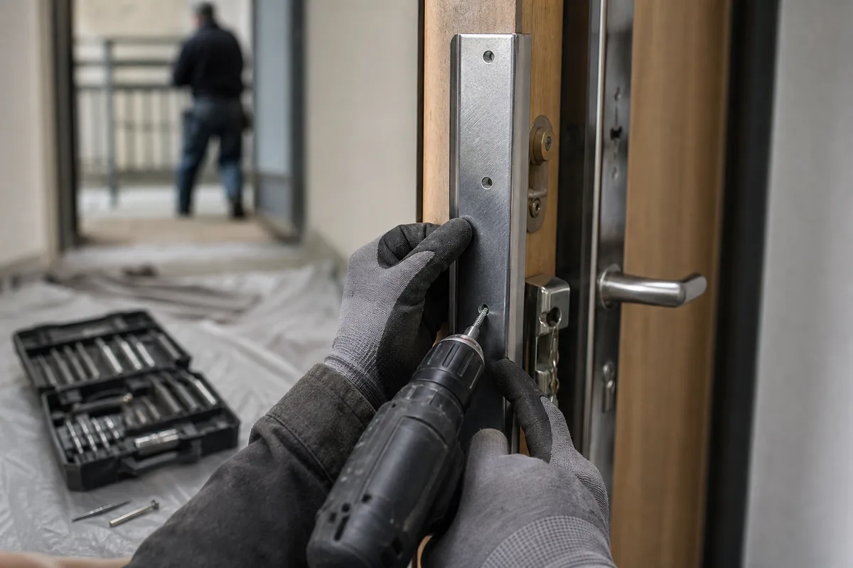 Serrurier vissant une cornière anti-pinces sur une porte d’entrée d’appartement