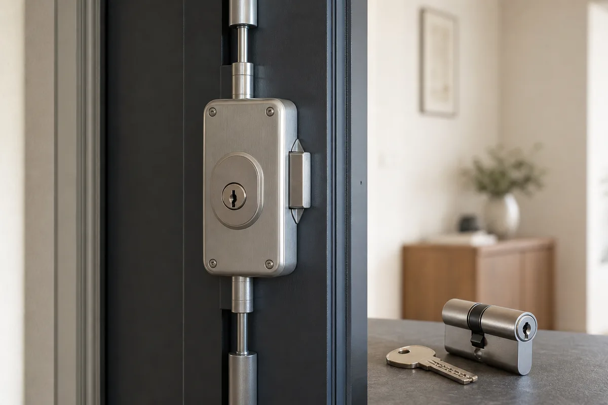 Serrure multipoints et cylindre de sûreté posés sur une porte d’entrée blindée