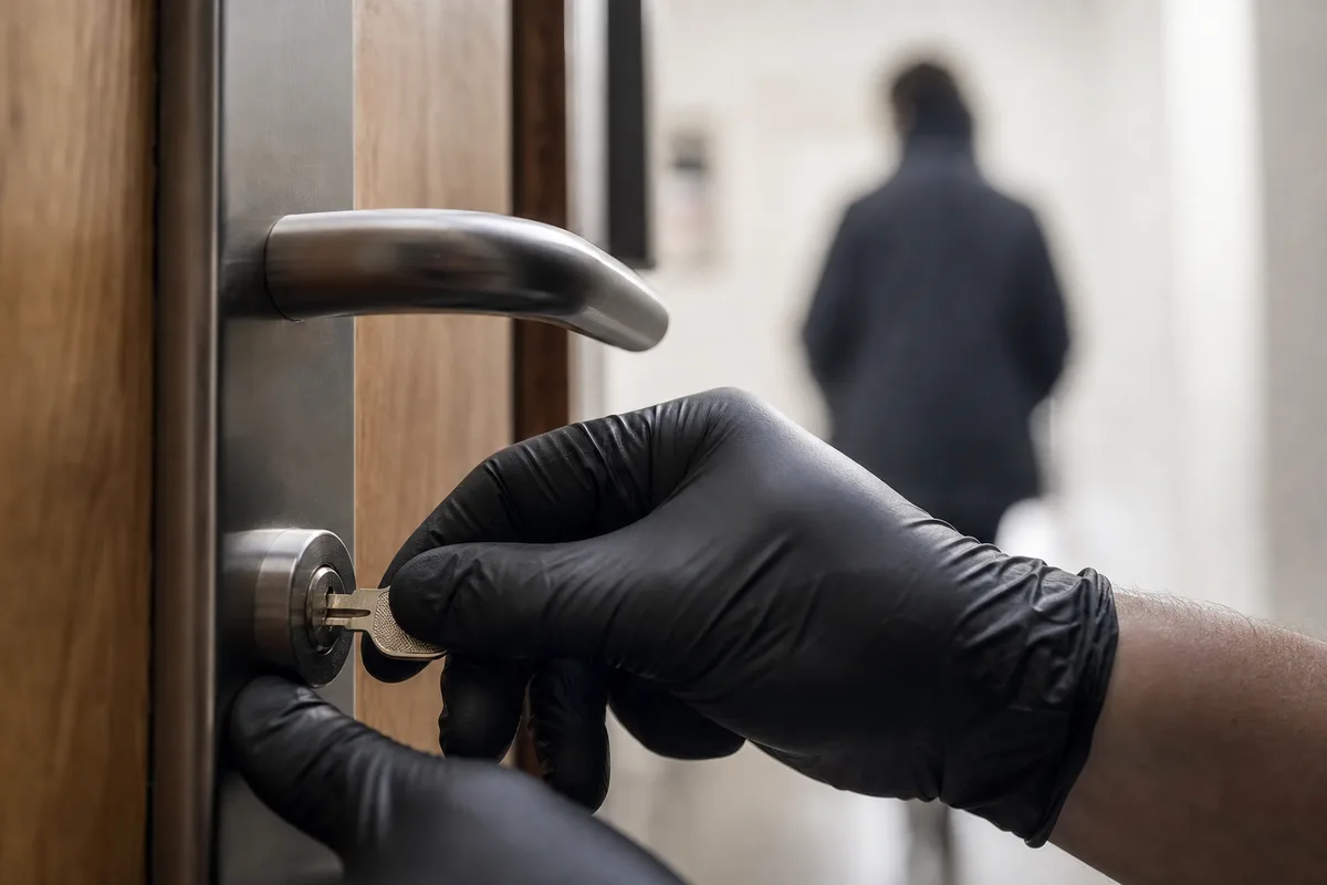 Main gantée testant une clé dans un cylindre bloqué sur une porte palière