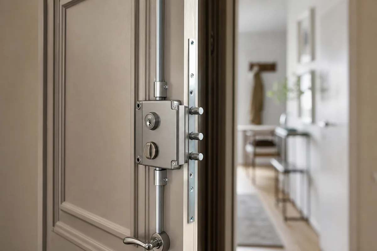 Serrure multipoints en applique vue sur la face intérieure d&rsquo;une porte d&rsquo;entrée