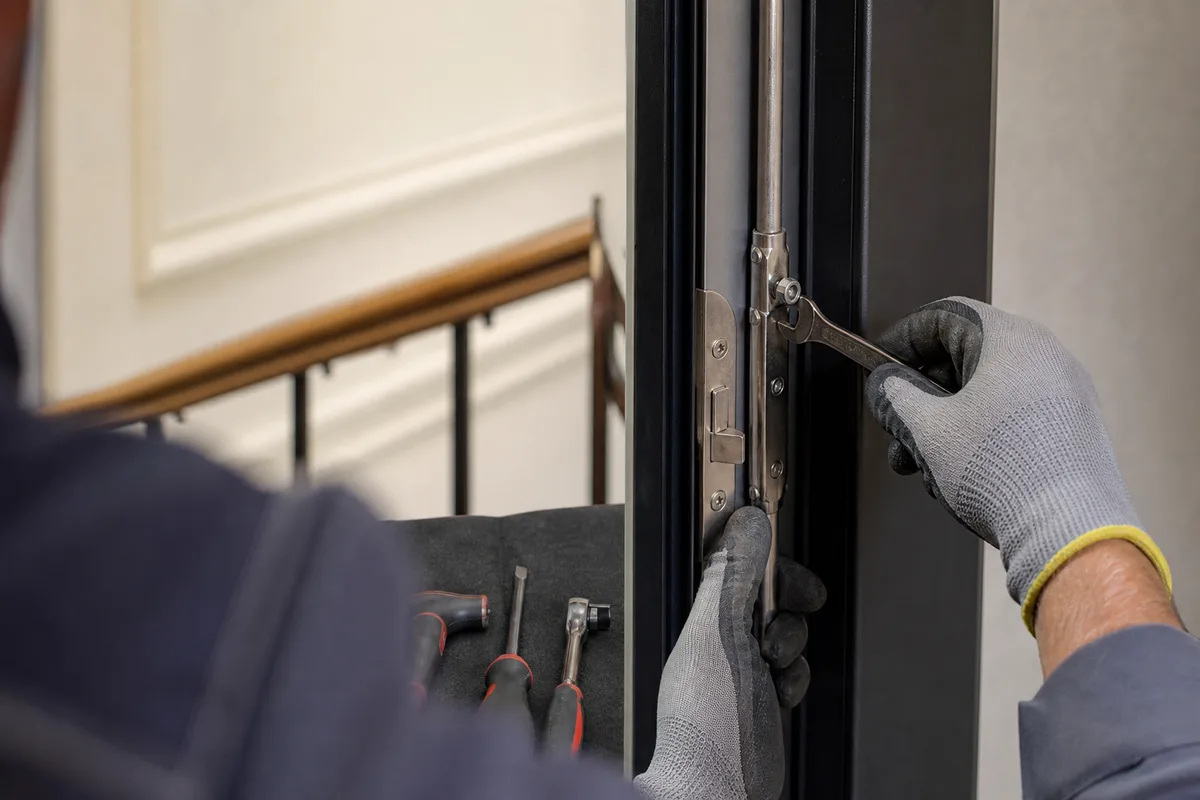 Mains gantées d&rsquo;un serrurier réglant les tringles hautes d&rsquo;une serrure multipoints