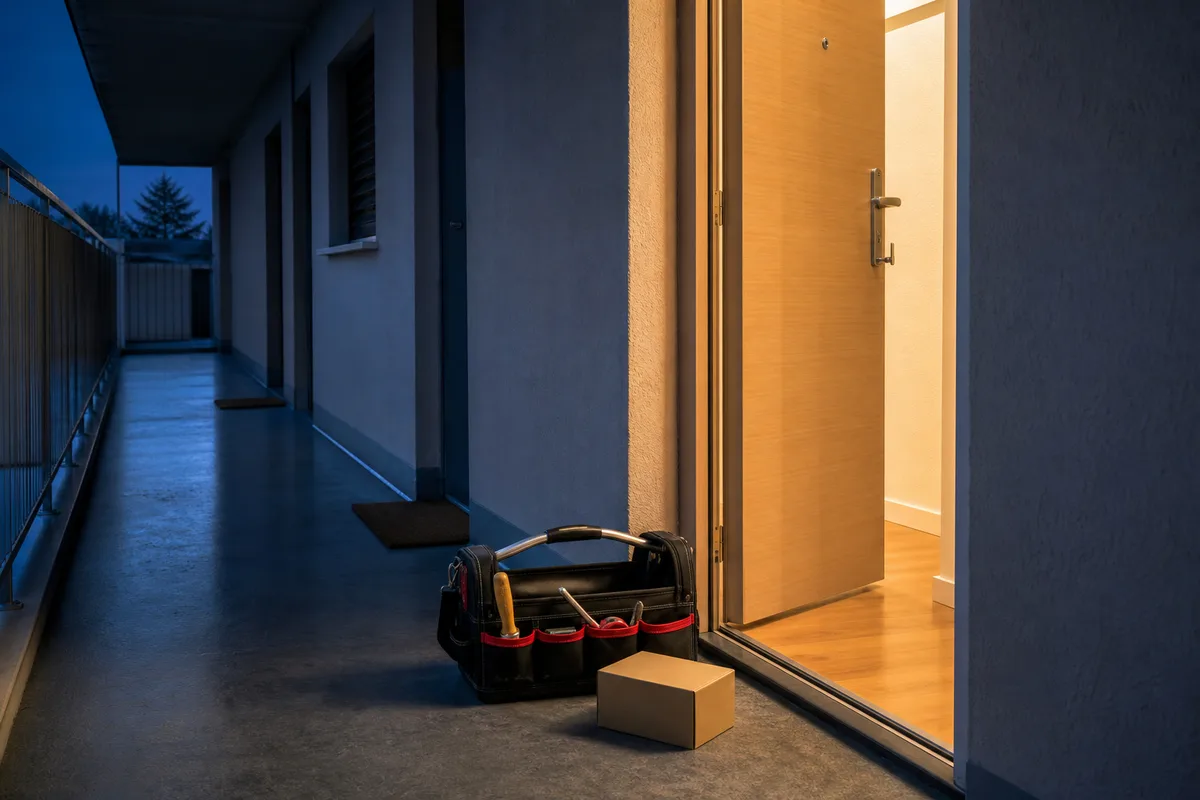 Serrurier en intervention de nuit devant la porte d’entrée d’un appartement