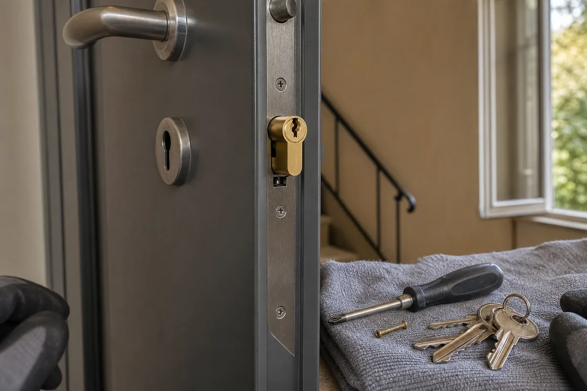 Cylindre de sécurité neuf en cours de pose sur une porte d’entrée blindée