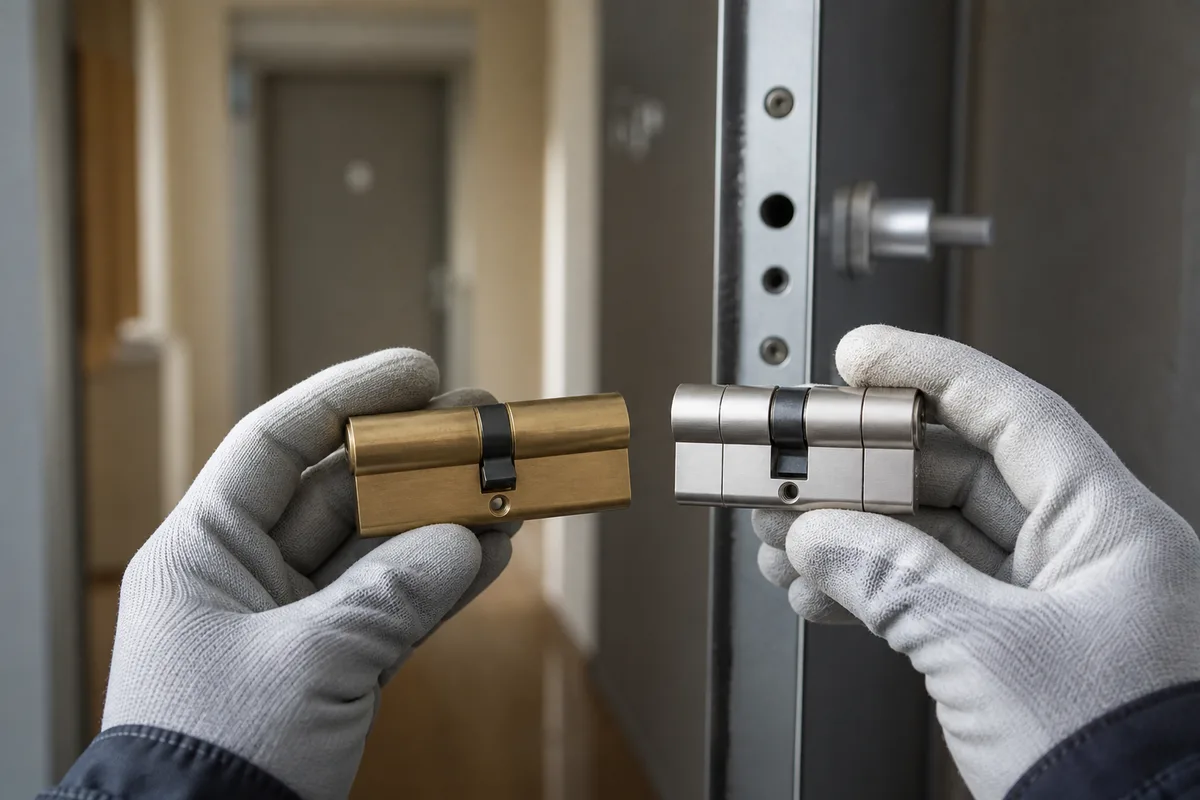 Mains gantées comparant deux cylindres de serrure devant une porte d&rsquo;appartement