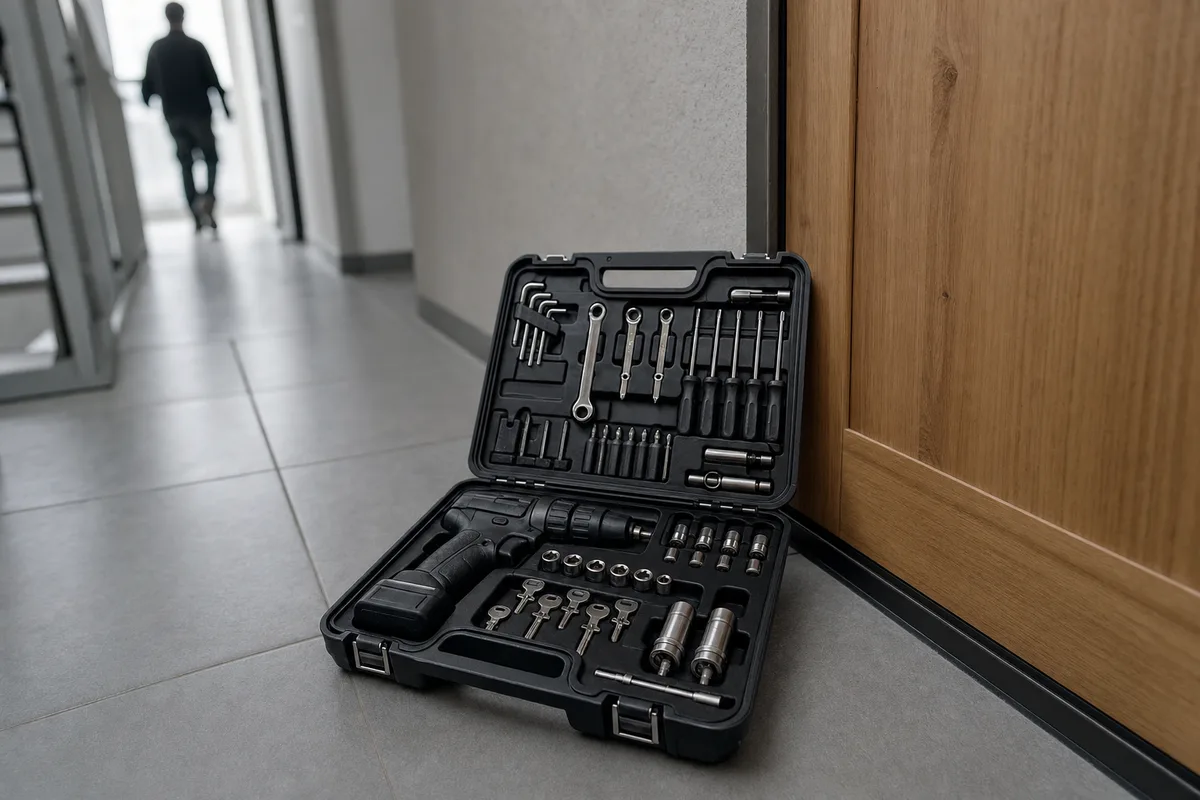 Mallette d&rsquo;outillage de serrurier ouverte au pied d&rsquo;une porte d&rsquo;immeuble